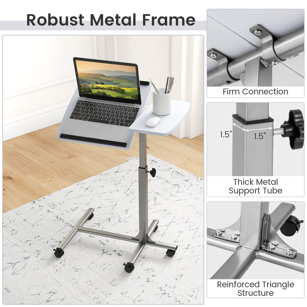 Adjustable height rolling laptop table in white with a robust metal frame and lockable wheels for versatile use.