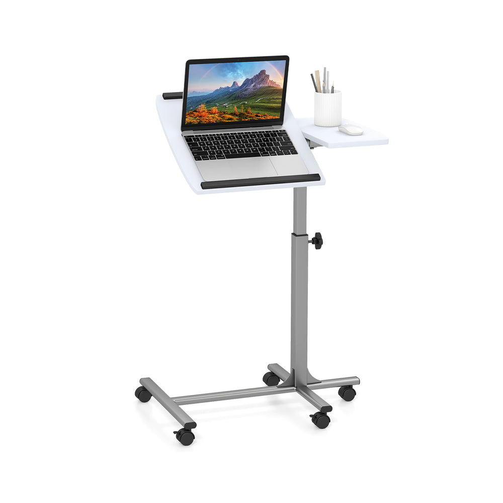 Adjustable angle height rolling laptop table in white with a steel frame, featuring lockable wheels for easy mobility.