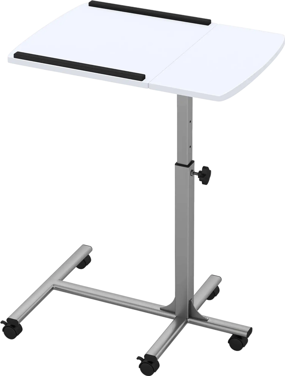 Adjustable height rolling laptop table in white with a heavy-duty steel frame and lockable wheels for flexibility.
