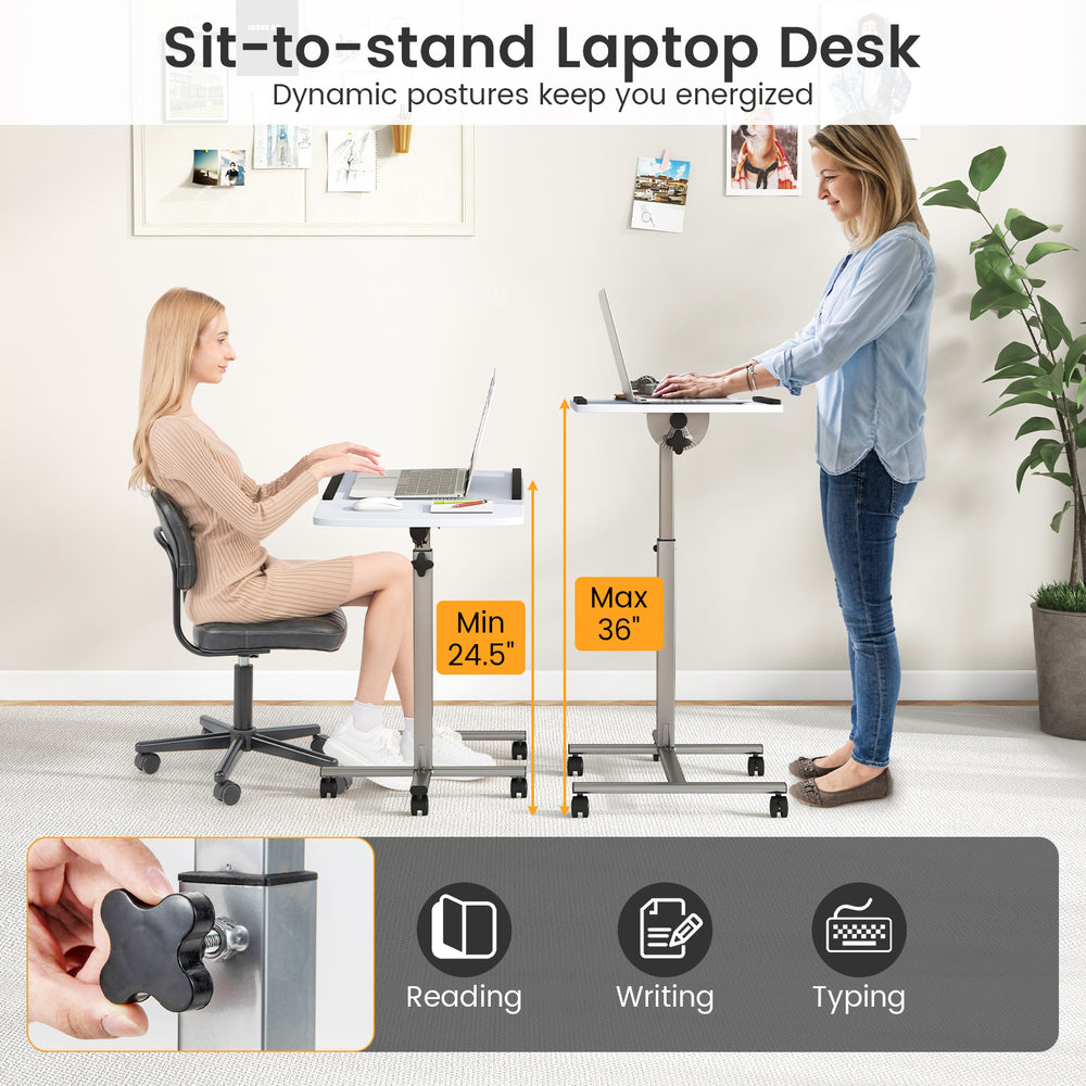 Adjustable height rolling laptop table in white, featuring a heavy-duty steel frame and lockable wheels for flexibility.