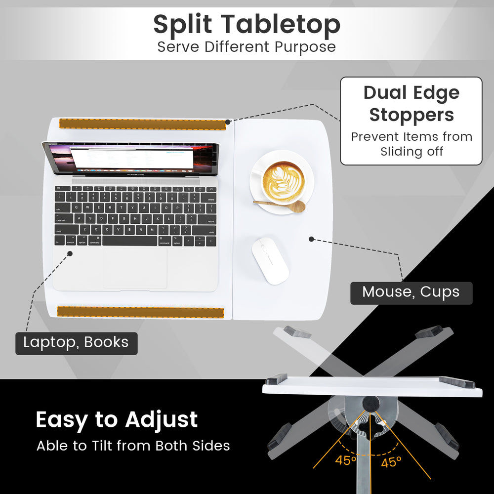 Adjustable angle rolling laptop table in white with dual edge stoppers, ideal for versatile use and easy height.