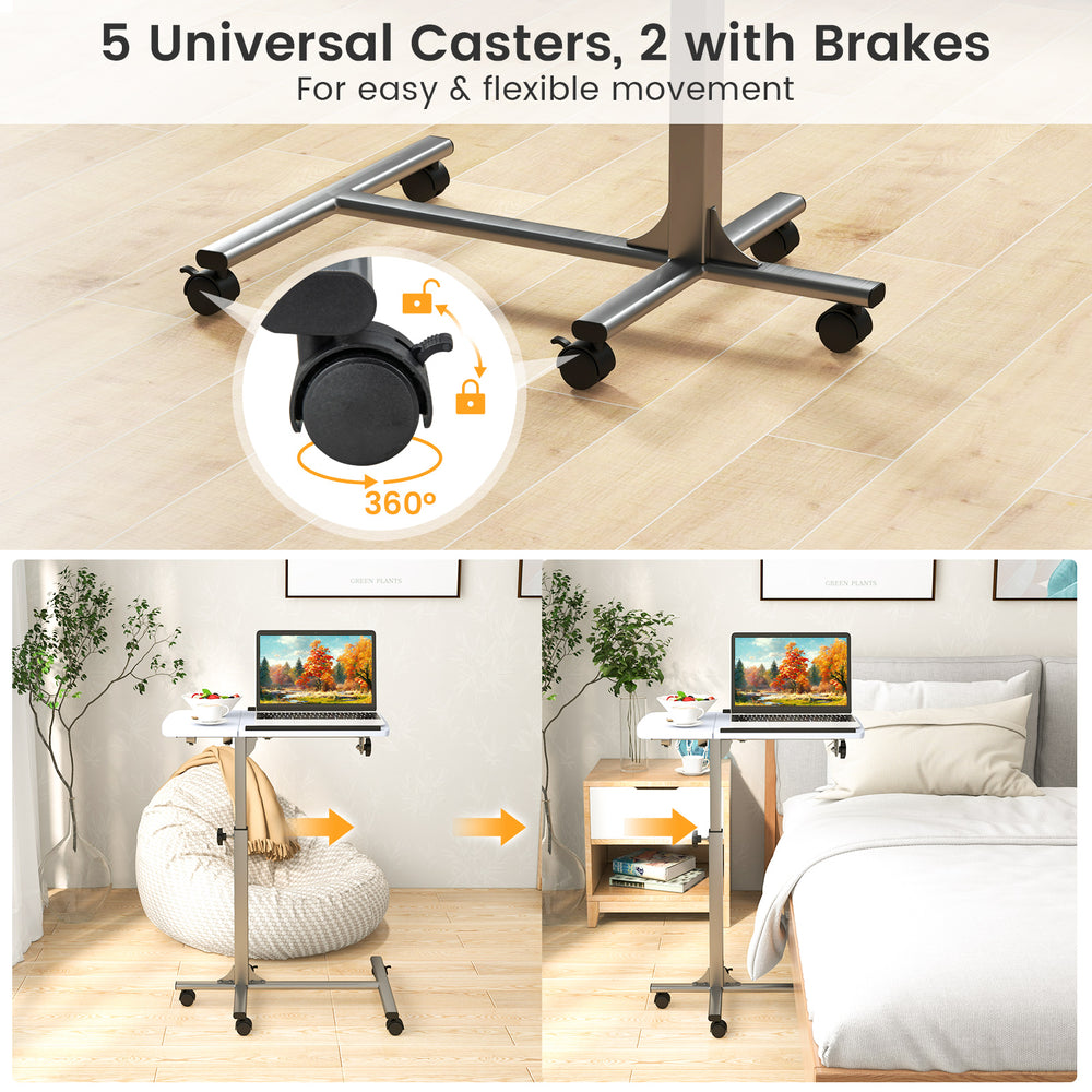 Adjustable height rolling laptop table with 5 universal casters, featuring 2 lockable wheels for flexible movement.