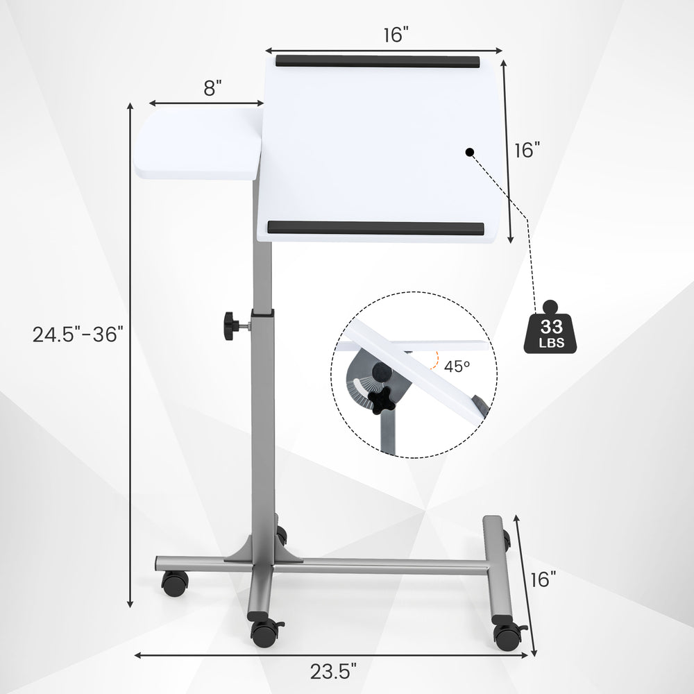 Adjustable angle rolling laptop table in white with a heavy-duty steel frame, featuring lockable wheels and adjustable.