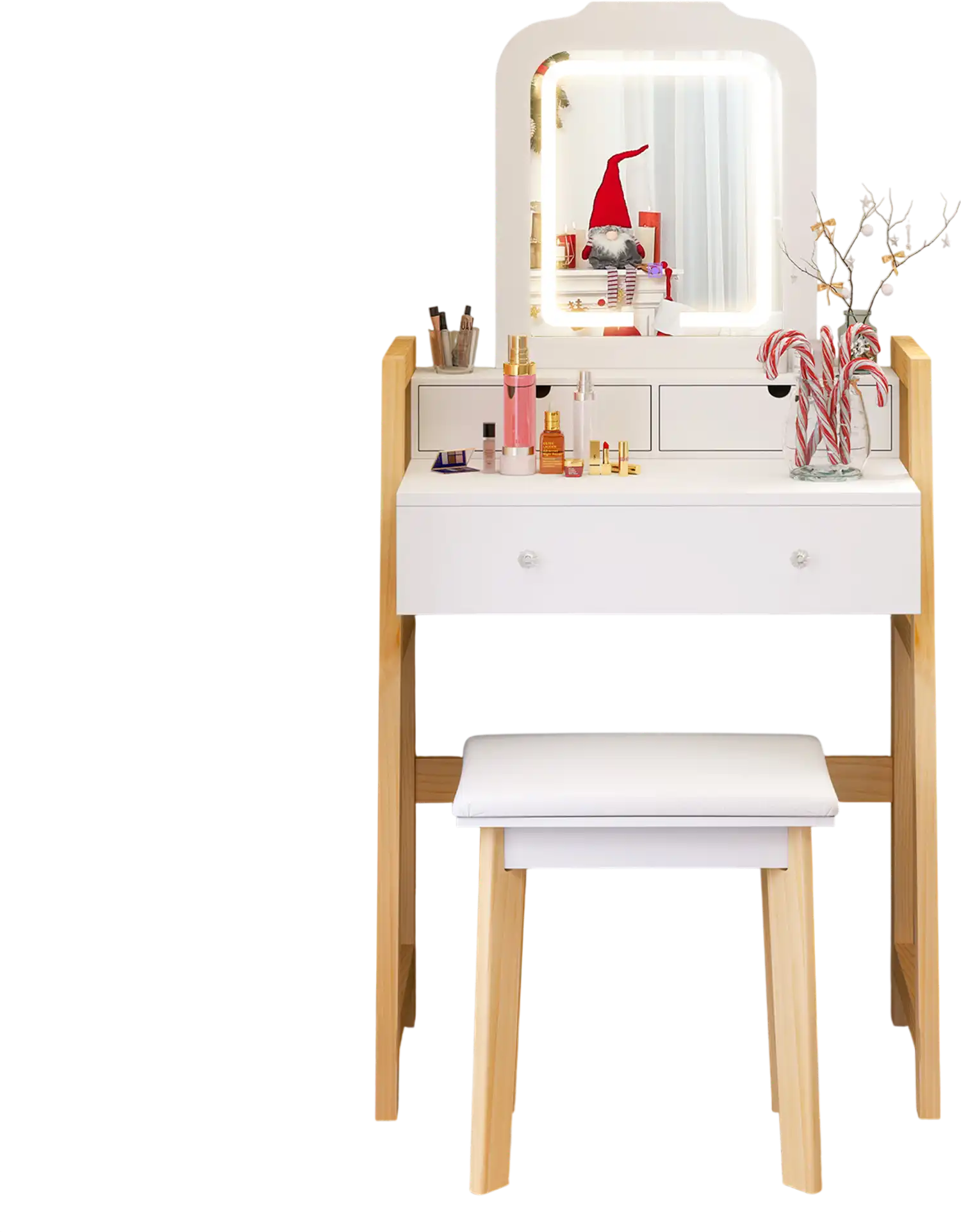 Costway Adjustable Height Vanity Desk Set w/ 3-Color LED Lighted Mirror & Drawers White 57984361 New