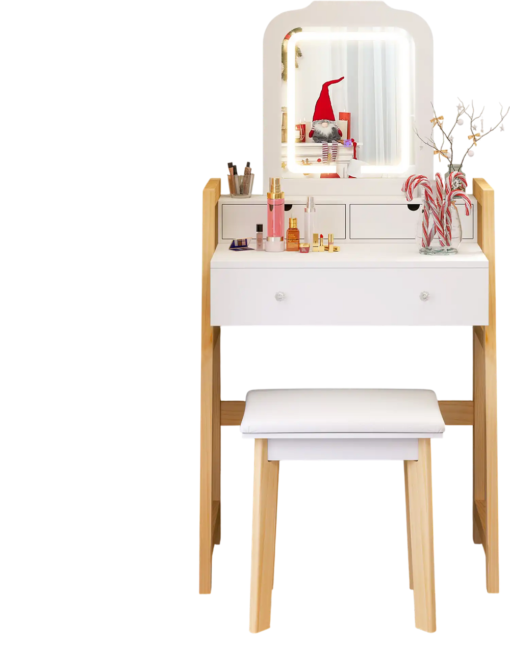 Adjustable height vanity desk set in white with LED lighted mirror, drawers, and padded stool for versatile makeup.