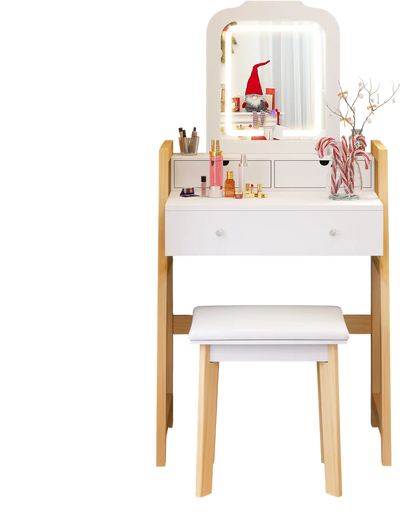 Costway Adjustable Height Vanity Desk Set w/ 3-Color LED Lighted Mirror & Drawers White 57984361 New