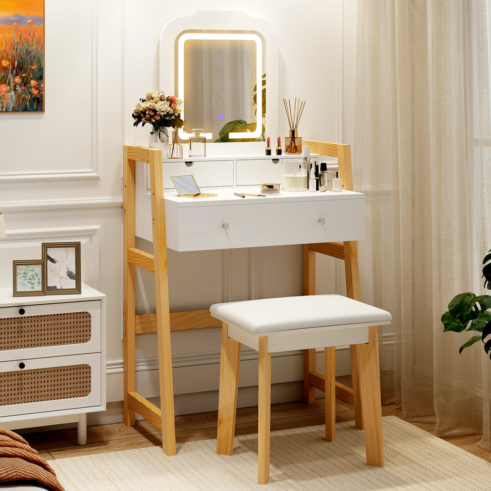 Close-up of the adjustable height vanity desk set showcasing the white finish, solid pine wood, and LED lighted mirror.