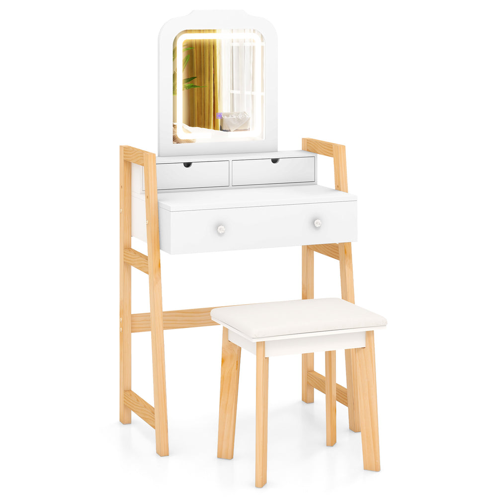Adjustable height vanity desk set in white with LED lighted mirror, drawers, and padded stool for versatile makeup use.