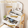 Adjustable height vanity desk set in white with LED mirror, open shelf, and three drawers for organized makeup storage.
