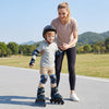 Adjustable kids' incline skates in blue with illuminating wheels, worn by a child for safe outdoor skating.