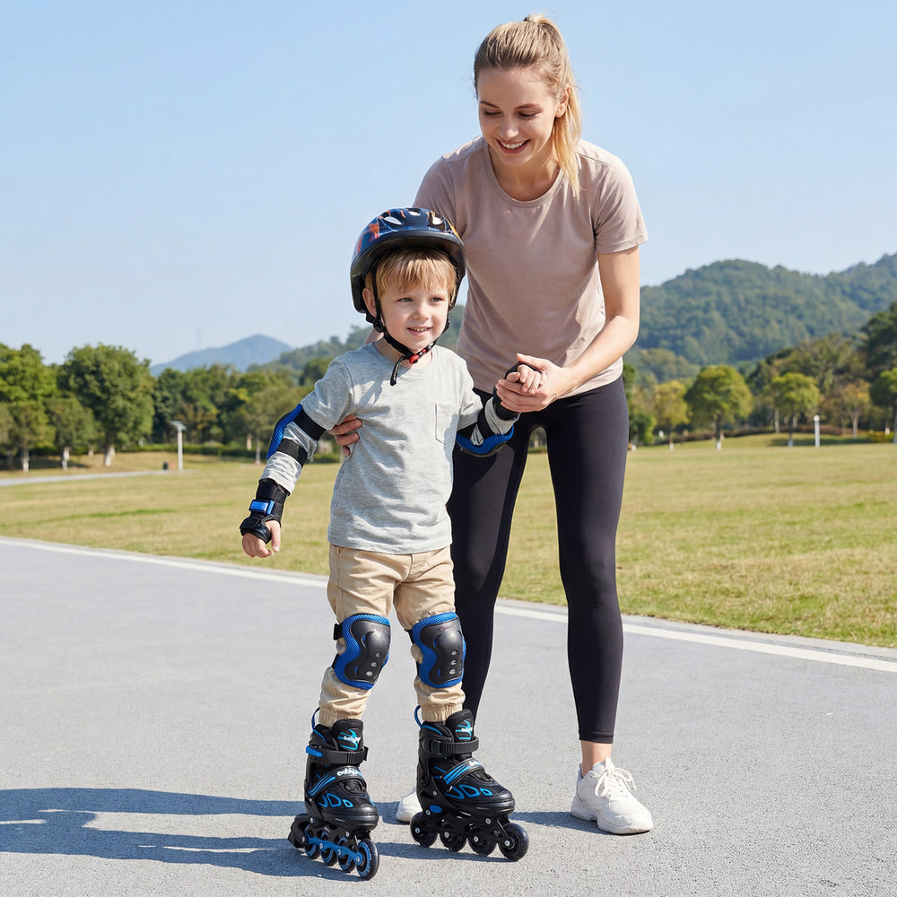 Adjustable kids' incline skates in blue with illuminating wheels, worn by a child for safe outdoor skating.