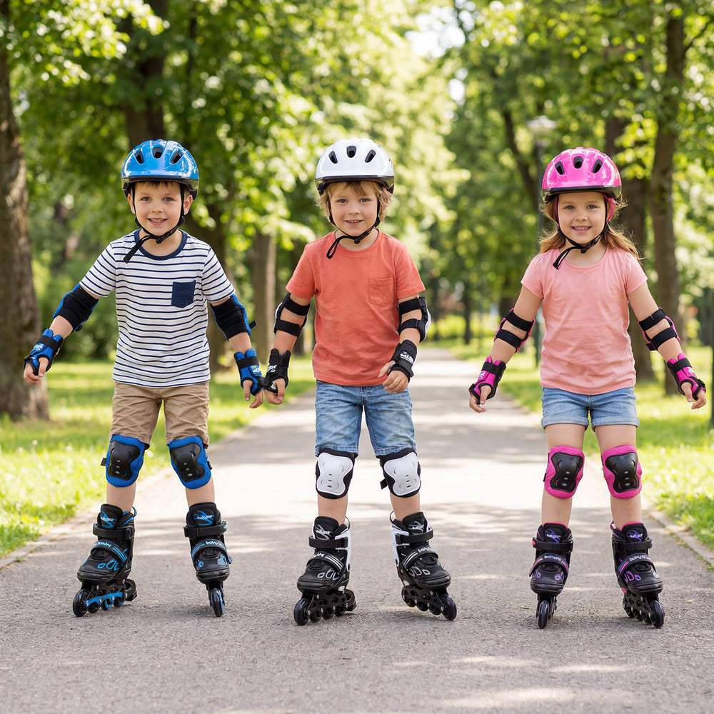 Three kids wearing adjustable inline skates in a park, showcasing blue, white, and pink colors with safety gear.