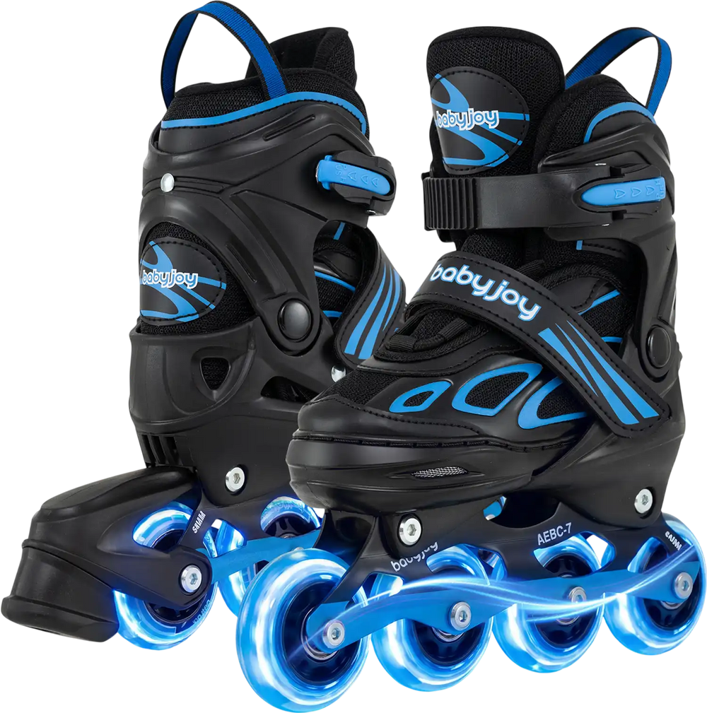Adjustable kids' inline skates in blue with illuminating wheels, designed for ages 5-14, featuring safety straps and.