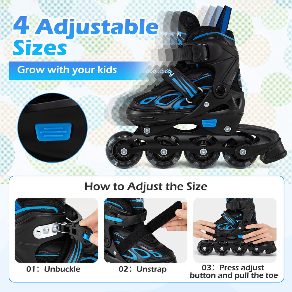 Adjustable kids' inline skates in blue with 4 sizes, illuminating wheels, and triple safety features for ages 5-14.