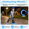 Adjustable blue kids' incline skates with illuminating wheels, 82A PU wheels, and ABEC-7 bearings for safe skating.