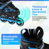 Adjustable kids' incline skates in blue with thickened liner, hardshell toe, and breathable material for comfort.