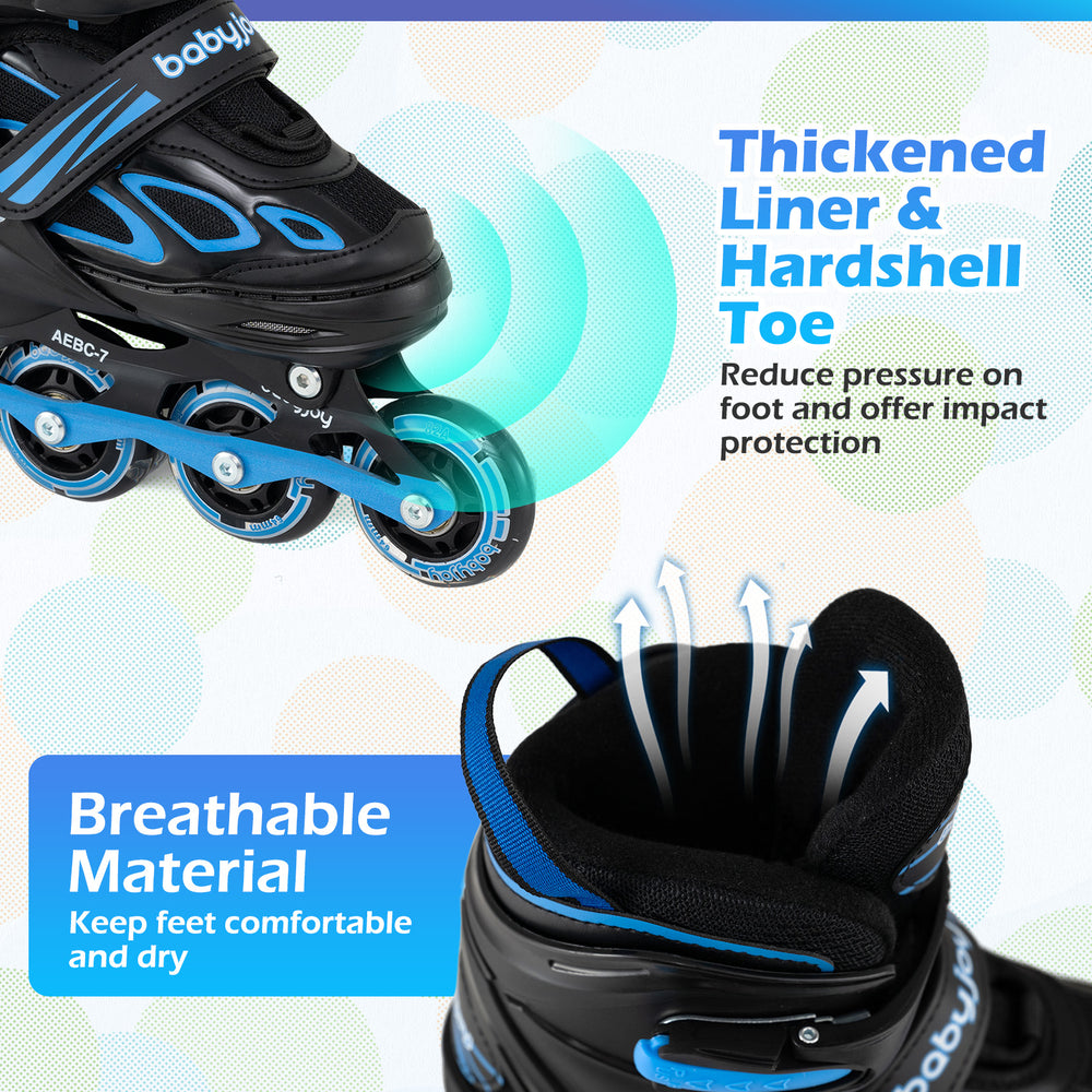 Adjustable kids' incline skates in blue with thickened liner, hardshell toe, and breathable material for comfort.