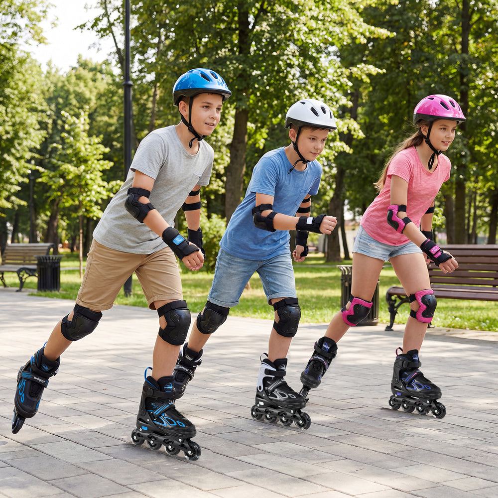Three kids roller skating in a park wearing adjustable blue inline skates with illuminating wheels for safety.
