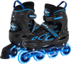 Adjustable kids' inline skates in blue with illuminating wheels, featuring a secure buckle and comfortable design for.