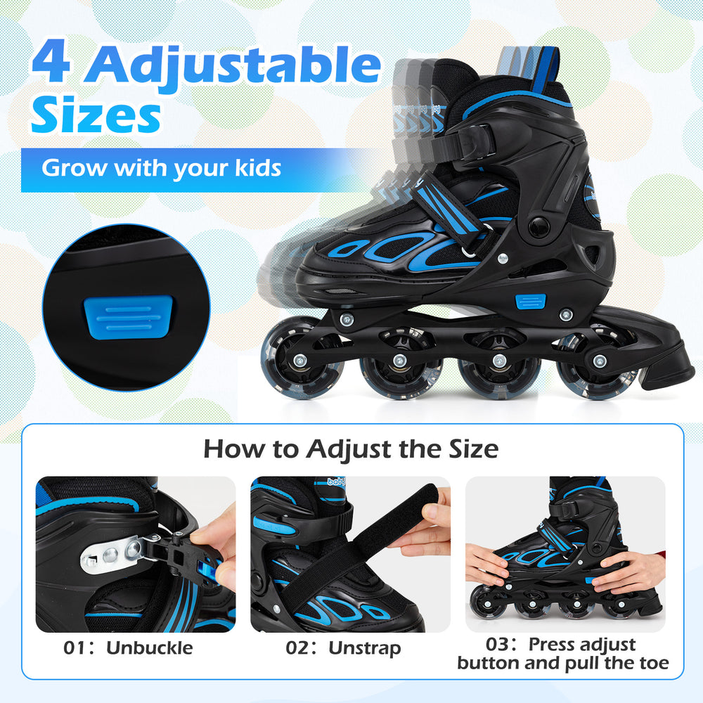 Adjustable kids' inline skates in blue with illuminating wheels, featuring 4 sizes and triple safety protection for.