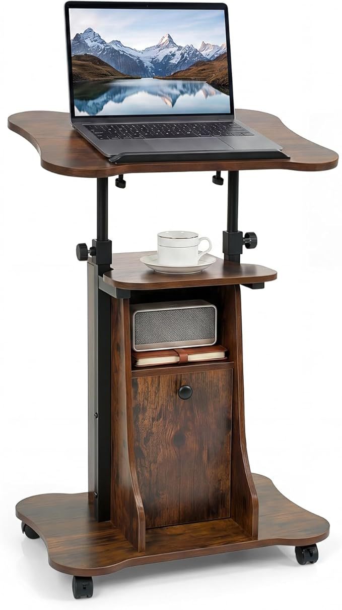 Adjustable Mobile Standing Desk Cart with Tilt Desktop and Cabinet-Rustic Brown - Gallery View 1 of 2