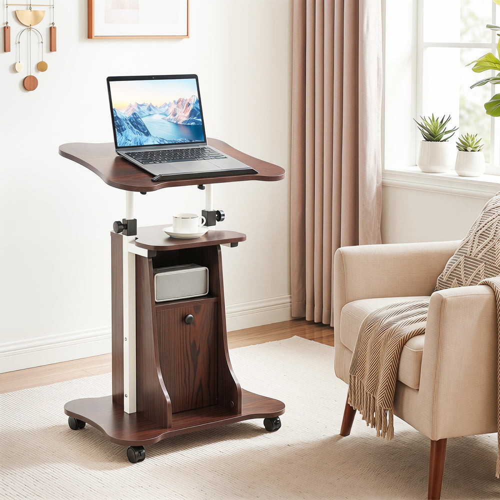 Adjustable Mobile Standing Desk Cart with Tilt Desktop and Cabinet-Brown - Gallery View 1 of 11