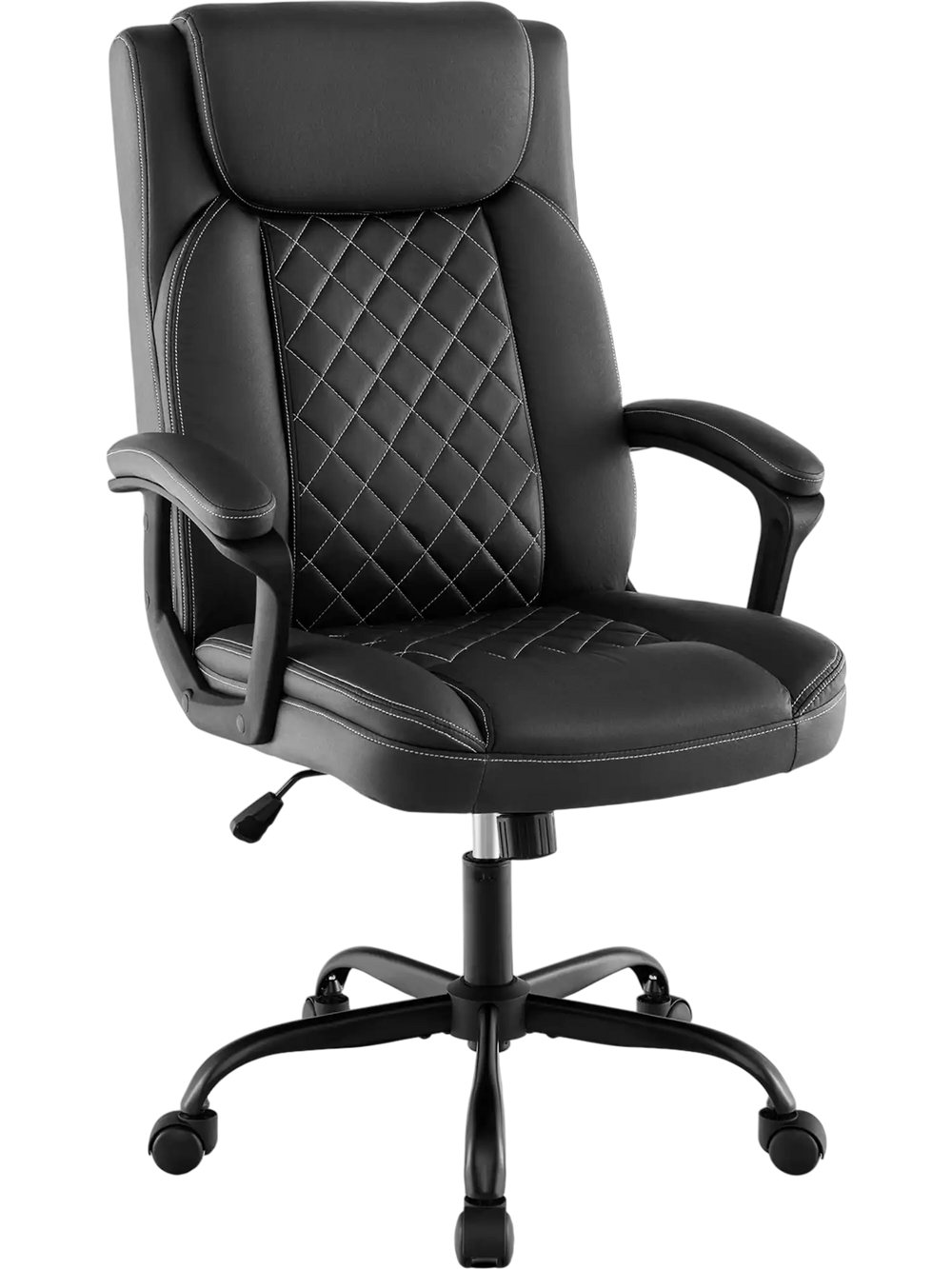High back ergonomic executive chair in black with thick headrest cushion and adjustable height for comfortable office.
