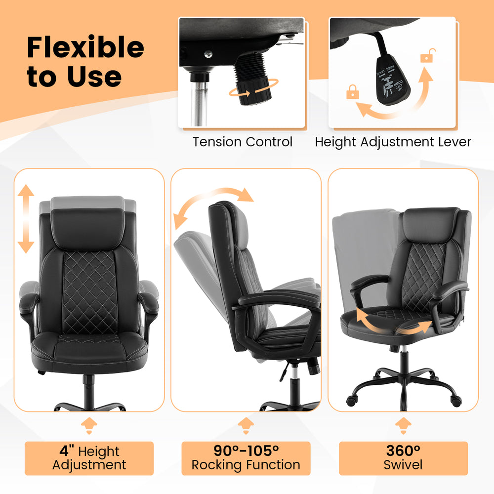 High back ergonomic executive chair in black with adjustable height, rocking function, and 360° swivel for office use.