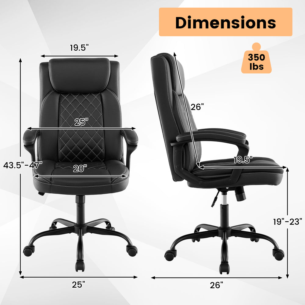 High back ergonomic executive chair with adjustable height, padded armrests, and 350 lbs capacity, shown with.