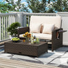 Loveseat with soft cushions and adjustable backrest, paired with a storage ottoman, ideal for outdoor patio relaxation.