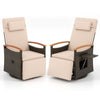 Adjustable outdoor recliner chair with 150° backrest, PE wicker, and acacia wood armrests for backyard relaxation.