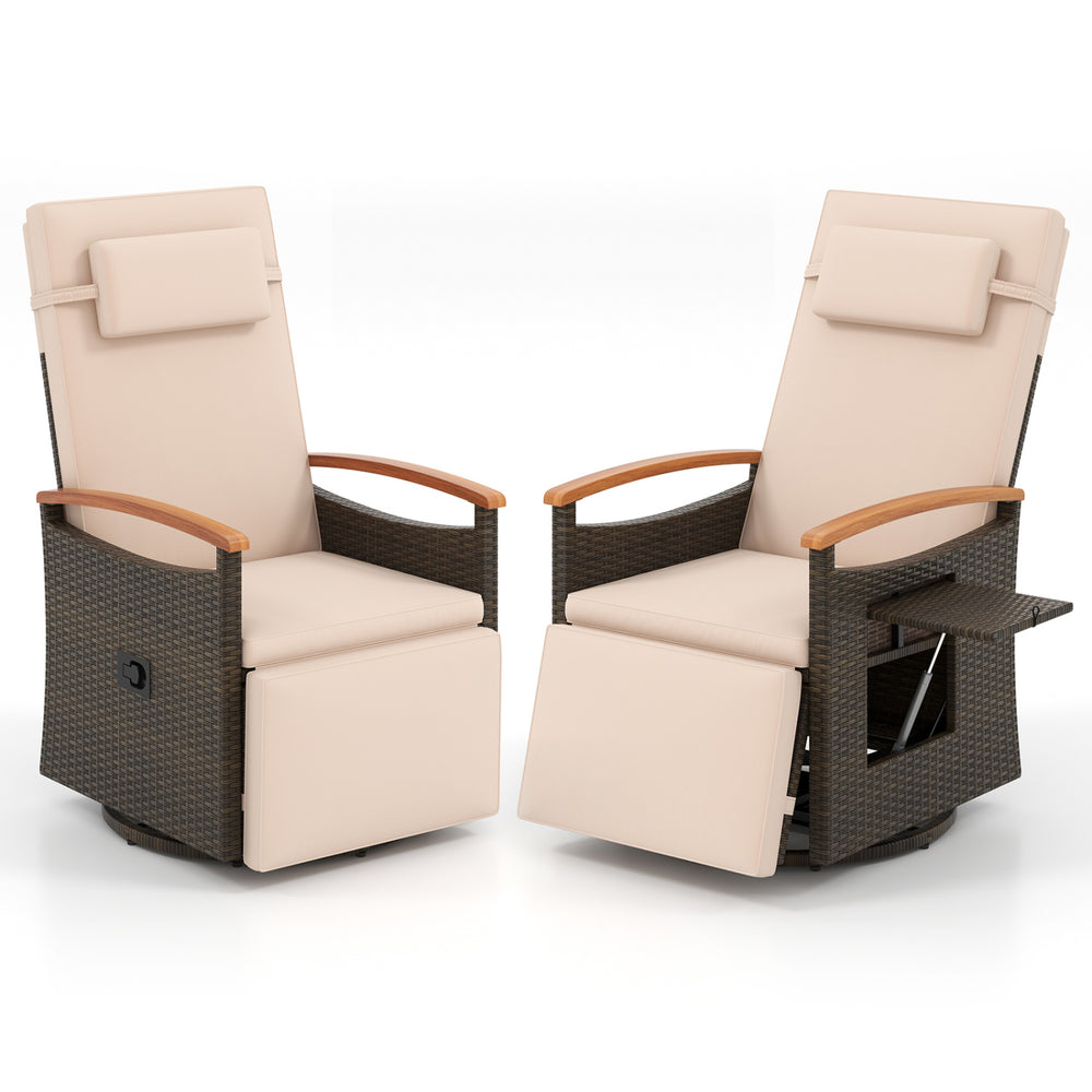 Adjustable outdoor recliner chair with 150° backrest, PE wicker, and acacia wood armrests for backyard relaxation.