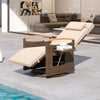 Adjustable outdoor recliner chair with 150° backrest, PE wicker, and acacia wood armrests for poolside relaxation.