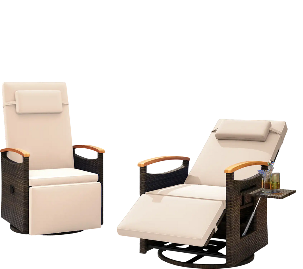 Adjustable outdoor recliner chair with 150° backrest, PE wicker, and soft cushion, perfect for backyard relaxation.