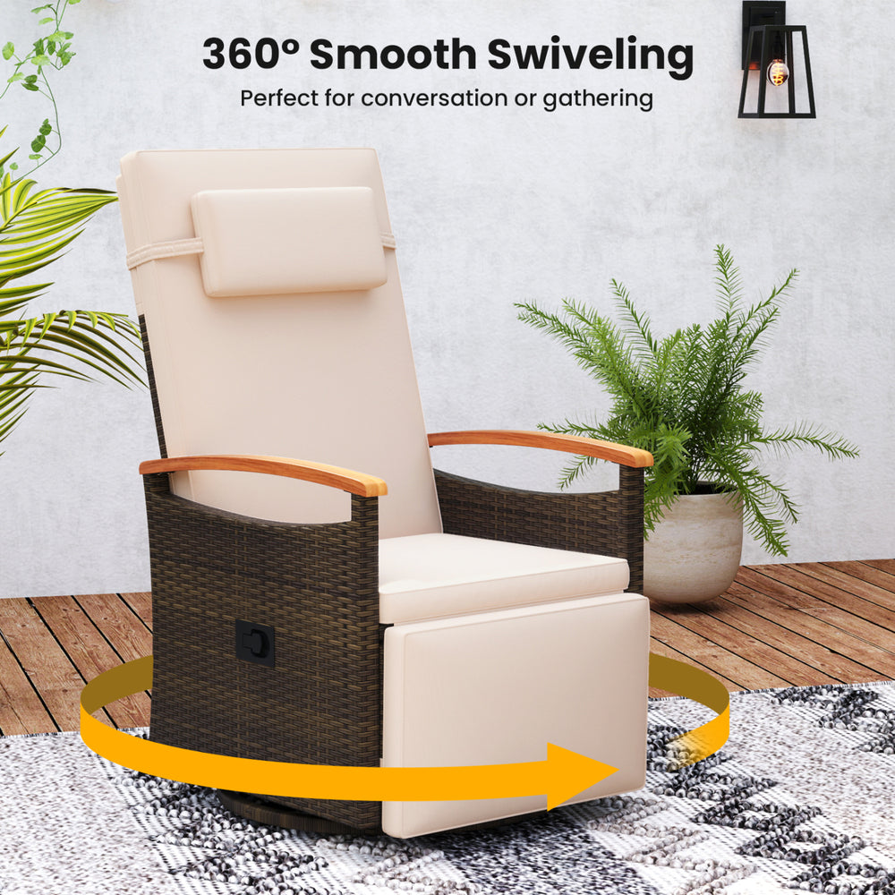 Adjustable outdoor recliner chair with 150° backrest, 360° swivel base, and soft cushion for ultimate relaxation.