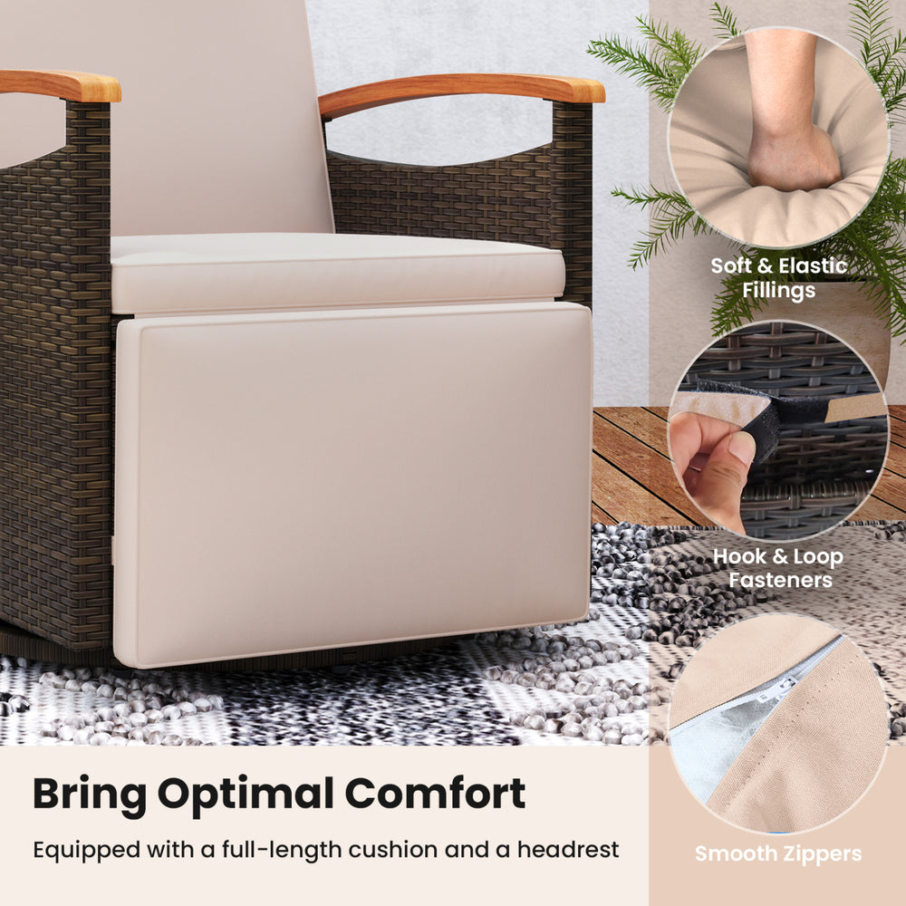 Adjustable outdoor recliner chair with 150° backrest, soft cushion, and acacia wood armrests for backyard relaxation.