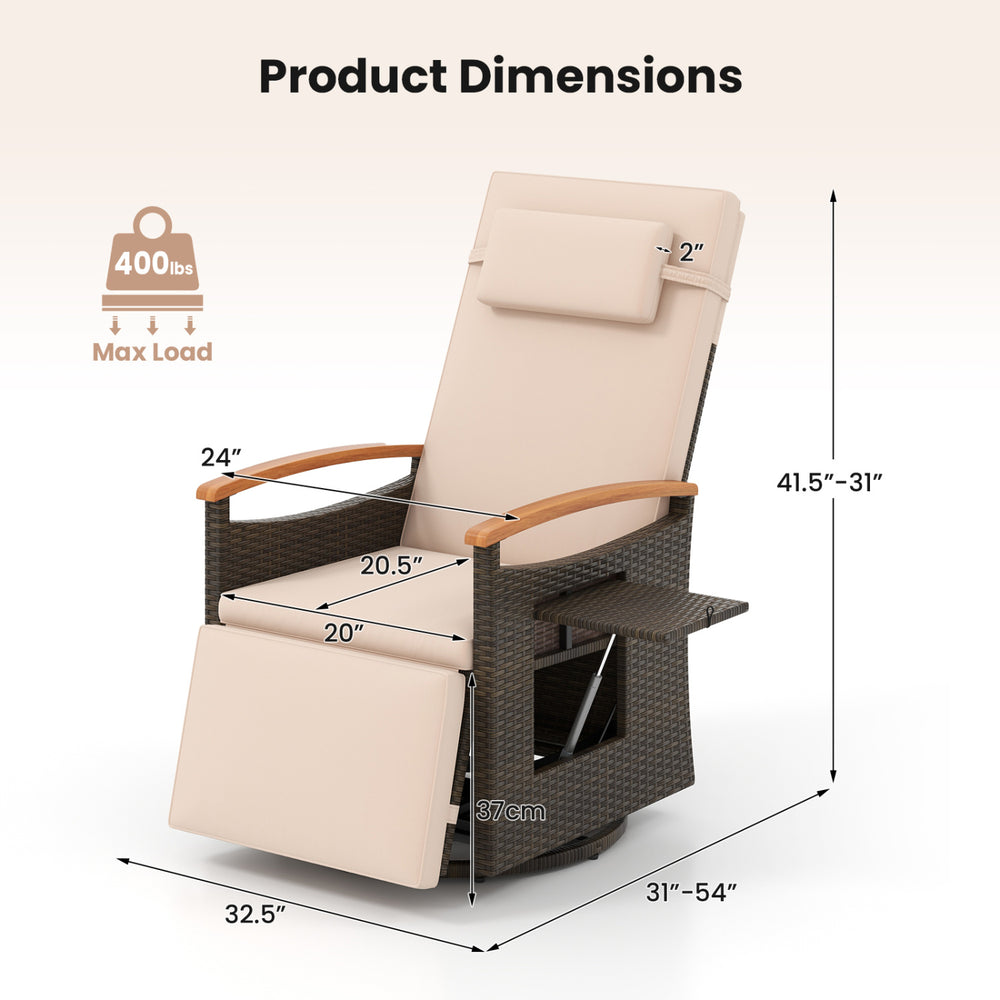 Adjustable outdoor recliner chair with 150° backrest, PE wicker, and acacia wood armrests, ideal for backyard.