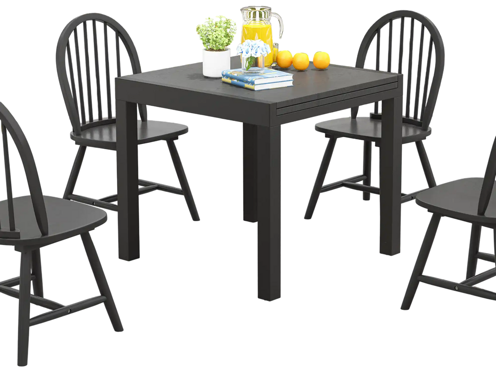 Adjustable gray patio dining table, expandable from 31.5" to 63", perfect for 4-6 people in outdoor settings.