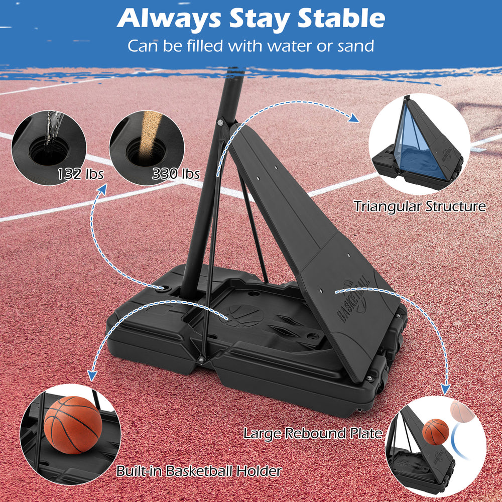Portable basketball hoop base with fillable design for stability, featuring a built-in holder and large rebound plate.