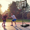 Adjustable portable basketball hoop with shatterproof backboard, suitable for outdoor use, featuring wheels for easy.