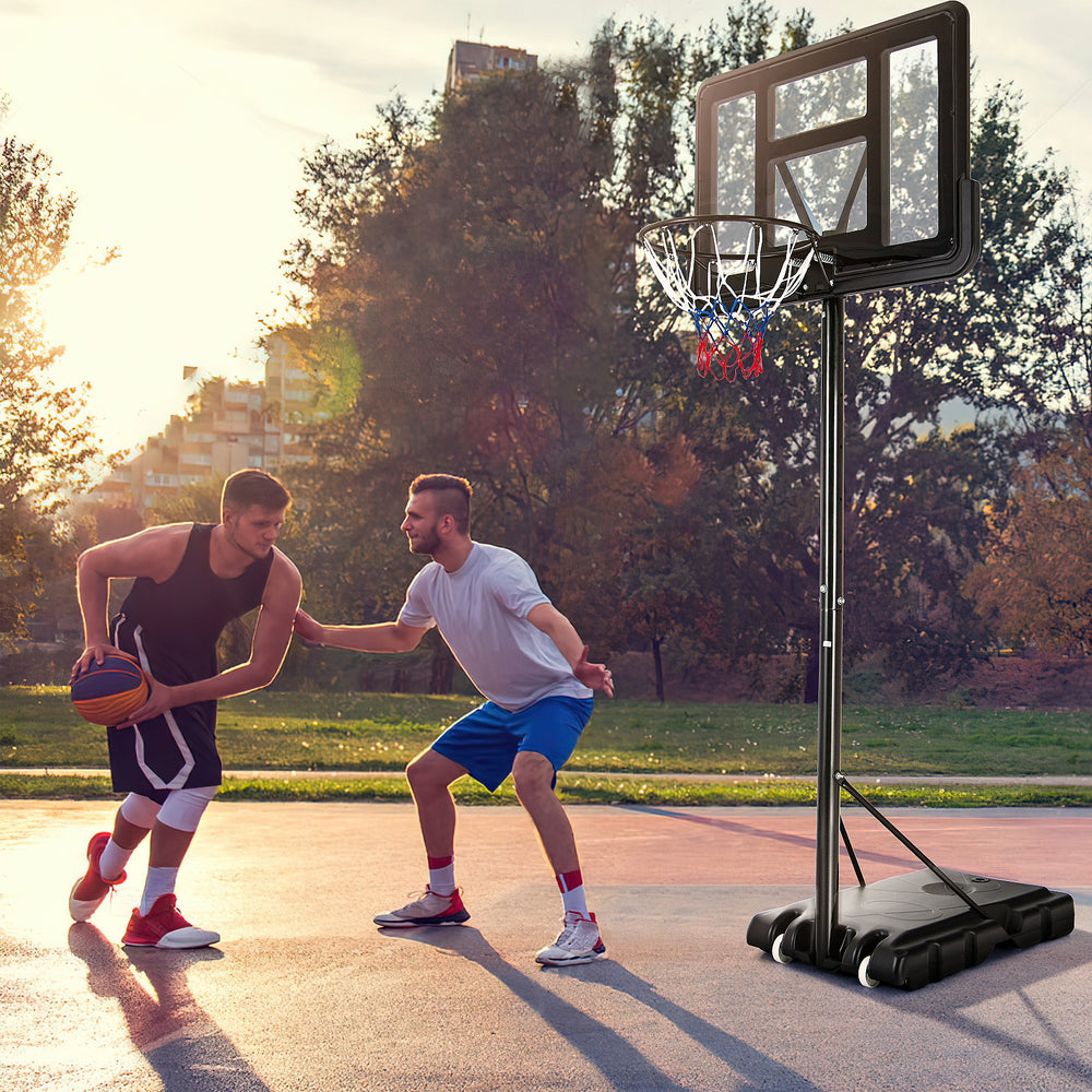 Adjustable portable basketball hoop with shatterproof backboard, suitable for outdoor use, featuring wheels for easy.