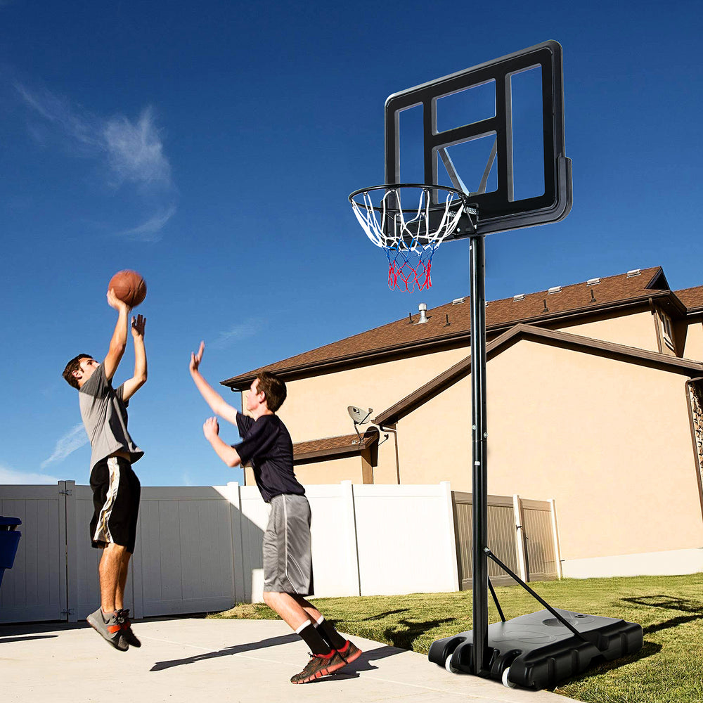Adjustable portable basketball hoop with shatterproof backboard, suitable for outdoor use, ideal for backyard games.