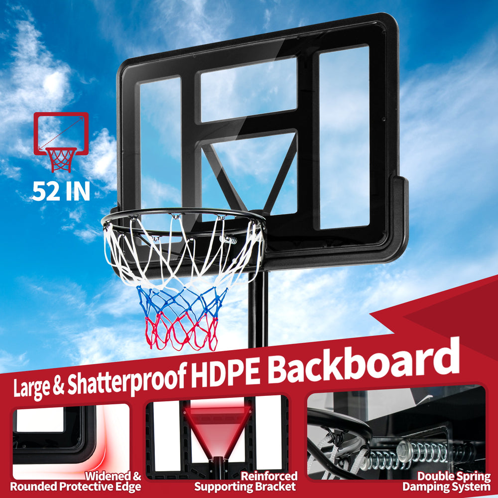 Adjustable portable basketball hoop with 52-inch shatterproof HDPE backboard, suitable for outdoor use and easy to move.