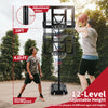 Adjustable portable basketball hoop with shatterproof backboard, height from 4.25FT to 10FT, ideal for outdoor play.