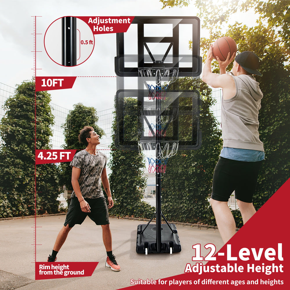 Adjustable portable basketball hoop with shatterproof backboard, height from 4.25FT to 10FT, ideal for outdoor play.