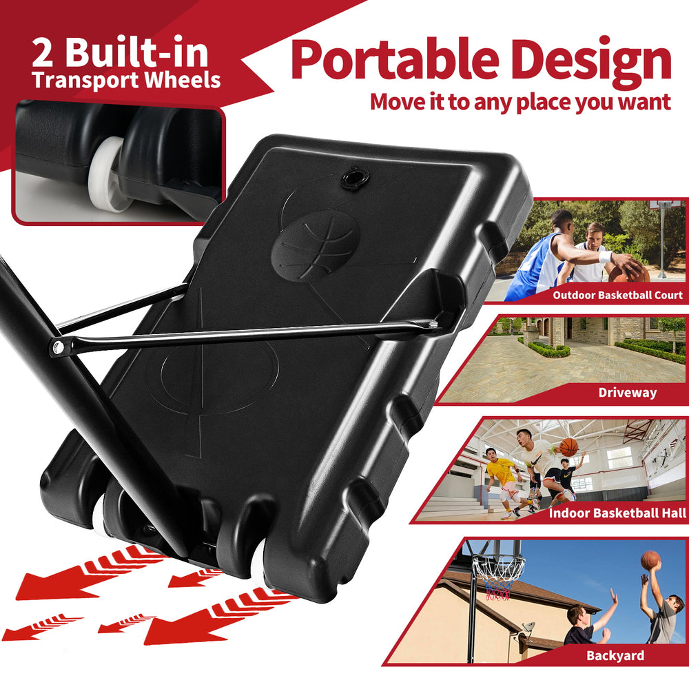 Adjustable portable basketball hoop stand with shatterproof backboard and transport wheels for easy outdoor use.