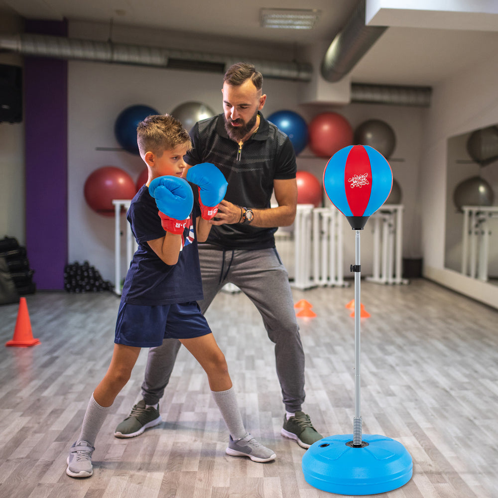 Adjustable blue punching bag with stand, gloves included, for kids and adults, enhancing coordination and fitness.