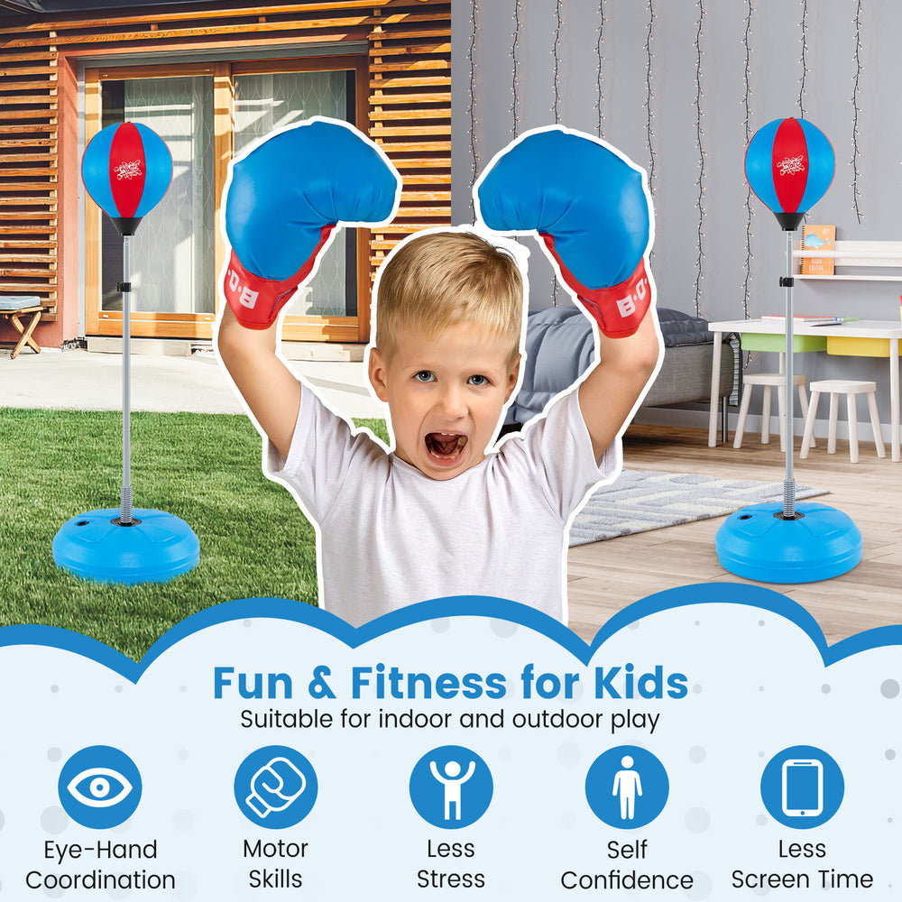 Adjustable punching bag with stand and blue boxing gloves, designed for kids and adults, promoting fitness and.