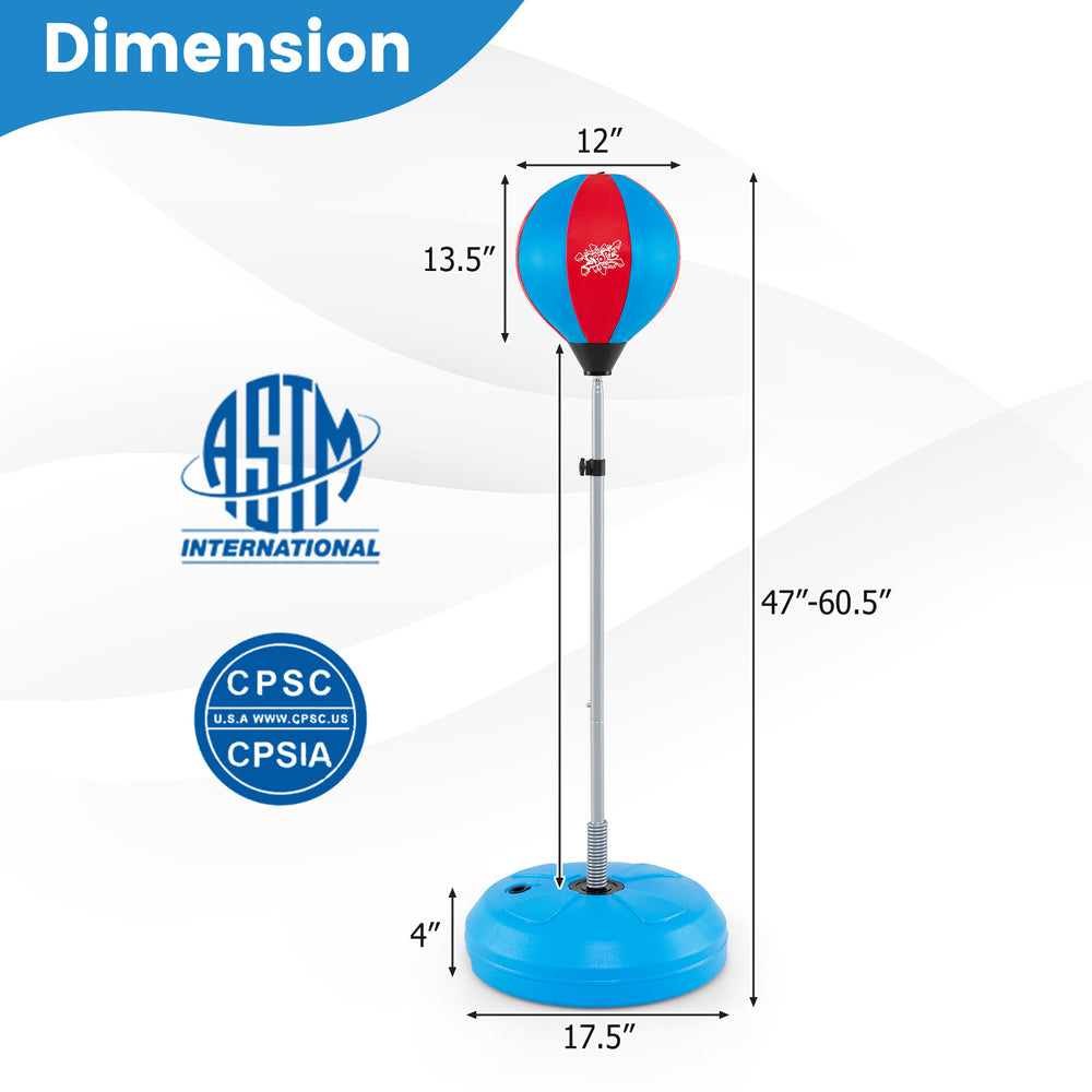 Adjustable punching bag with stand in blue, featuring a soft PE cover, for both adults and kids, height adjustable for.