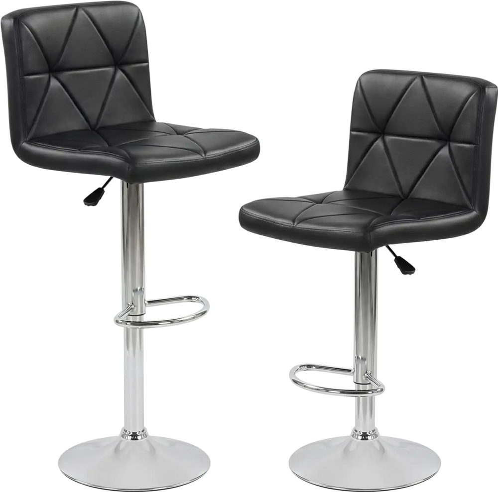 Adjustable swivel barstools set of 2 in black with diamond quilted design, featuring backrest and footrest for comfort.